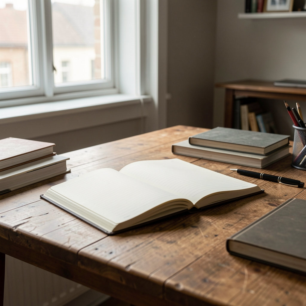 Notebook open on a wooden editorial desk, daylight from a window, quiet working environment